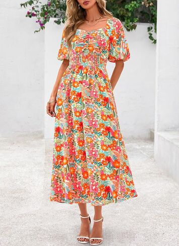 Okiwam Womens Summer Dresses 2025 Spring Floral Maxi Sundress Puff Sleeve Smocked Flowy Beach Vacation Wedding Guest Dress in Saudi Arabia