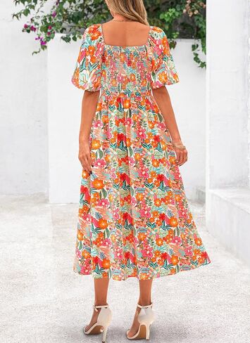 Okiwam Womens Summer Dresses 2025 Spring Floral Maxi Sundress Puff Sleeve Smocked Flowy Beach Vacation Wedding Guest Dress in Saudi Arabia
