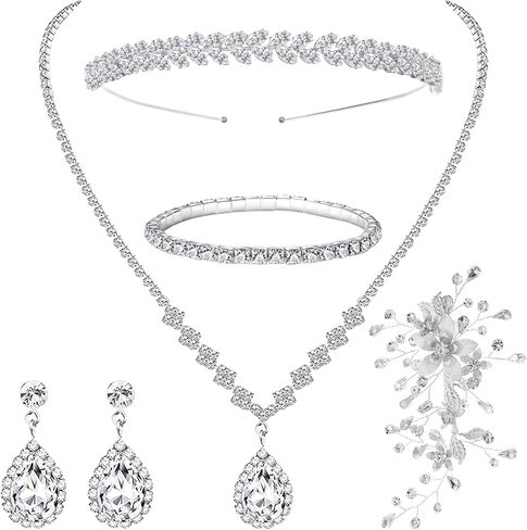 NEWITIN 15 Pieces Silver Jewelry Set for Women Prom Costume Jewels Rhinestone Crystal Necklaces Tennis Bracelets Rings Earrings Set Bridal Wedding Jewelry Sets for Brides Bridesmaid in Saudi Arabia