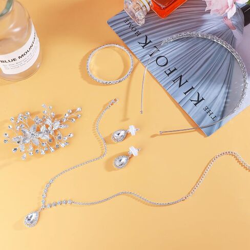 NEWITIN 15 Pieces Silver Jewelry Set for Women Prom Costume Jewels Rhinestone Crystal Necklaces Tennis Bracelets Rings Earrings Set Bridal Wedding Jewelry Sets for Brides Bridesmaid in Saudi Arabia
