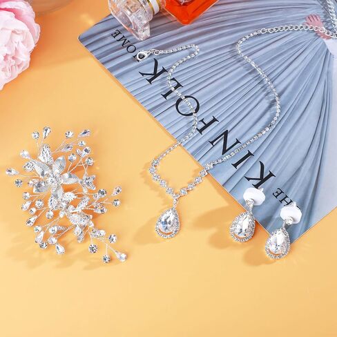 NEWITIN 15 Pieces Silver Jewelry Set for Women Prom Costume Jewels Rhinestone Crystal Necklaces Tennis Bracelets Rings Earrings Set Bridal Wedding Jewelry Sets for Brides Bridesmaid in Saudi Arabia
