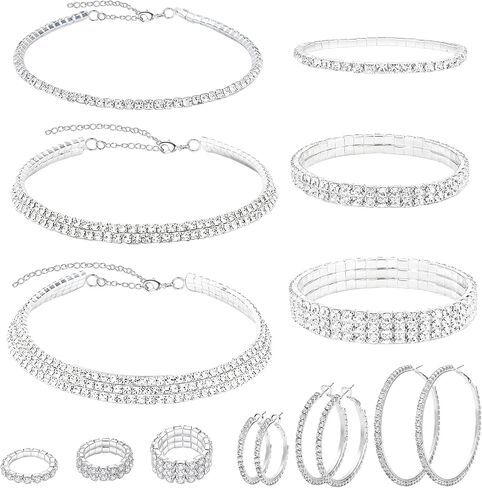 NEWITIN 15 Pieces Silver Jewelry Set for Women Prom Costume Jewels Rhinestone Crystal Necklaces Tennis Bracelets Rings Earrings Set Bridal Wedding Jewelry Sets for Brides Bridesmaid in Saudi Arabia