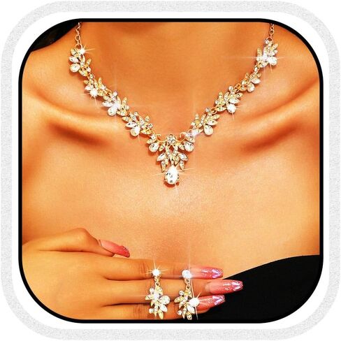 Aukmla Crystal Prom Bridal Jewelry Set Gold Sparkly Rhinestones Wedding Necklace Earring Sets Costume Formal Necklaces for Women in Kuwait