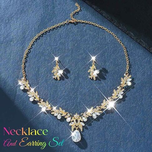 Aukmla Crystal Prom Bridal Jewelry Set Gold Sparkly Rhinestones Wedding Necklace Earring Sets Costume Formal Necklaces for Women in Kuwait