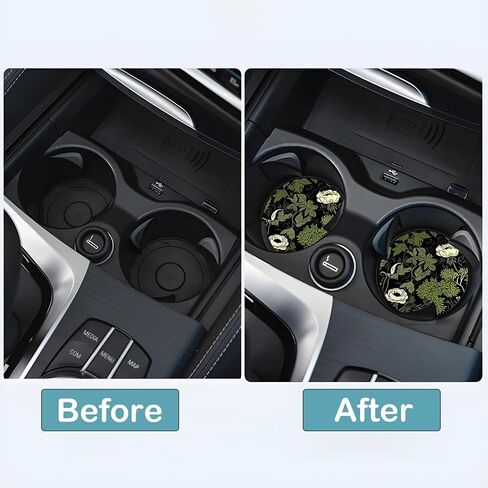 Car Cup Holder Coasters, 2 Pack – 2.75" Universal Auto Anti-Slip Insert Coaster, Rubber Car Coasters, Personalized Car Accessories for Women (Sage Green Floral and Plant) in Kuwait