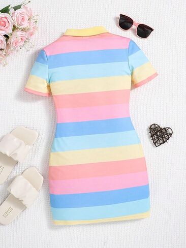 Floerns Girl's Colorblock Striped Collared Dress Button Short Sleeve Casual Short Dresses in Saudi Arabia