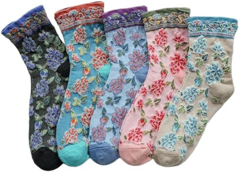 Vintage Style Crew Socks with Cute Floral Cuff for Women in Kuwait