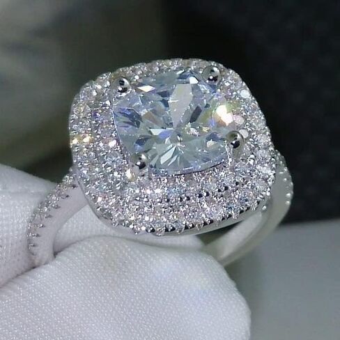 الفخامة 925 الجنيه الفضية الفضية المزدوجة مكعب الزركونيا الأميرة قطع حلقة مربع محاكاة الخاتم الماس الوعد هالو خطبة الزفاف الخاتم للنساء الحجم 6-10 in Kuwait