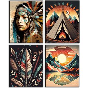 Boho Wall Art Prints Native American Indian Girl Chief Pictures Set of 4 Unframed (8''x10'') Indian Feathered Woman Prints Modern Wall Art Boho Posters Living Room Bedroom