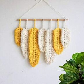 Handmade Macrame Wall Hanging Feather Boho Wall Decor Yellow Chic Woven Leaf Tassels Decoration Cotton Ornaments Tapestry Room Decor For Bedroom Living Room Apartment Porch Gifts for Teen Girl Women