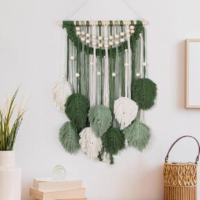 Leaves Macrame Wall Hanging Boho Feather Macrame Wall Decor Woven Tapestry Green Tapestry Large Stylish Feather Wall Hanging for Nursery Bedroom Living Room, 27.6 x 15.8 Inch
