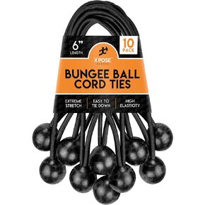 Xpose Safety Bungee Ball Cords 6" 25 Pack Heavy Duty Black Stretch Rope with Ball Ties for Canopies, Tarps, Walls, Cable Organization