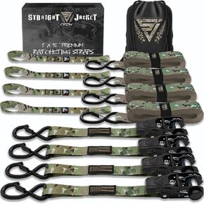 Ratchet Tie Down Straps (4 Pack) - 1,823lb Max Break Strength incl. (4) Heavy Duty 1" x 15' Rachet Tie Downs with Hooks & Handles Best for Moving Securing Cargo by Straight Jacket Crew (Black Camo)