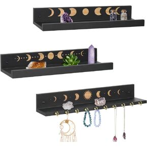 Crystal Shelf with Hooks Set of 3, Moon Shelf Display Wall Mount, Wood Floating Shelves for Celestial Decor and Room Decor, Crystal Display Shelf Holder for Stones, Essential Oils (Black)
