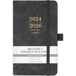 2024-2026 Monthly Pocket Planner/Calendar - Three Year Monthly Pocket Planner/Calendar from Jan 2024 - Dec 2026 with Pen Holder, 3.8" x 6.3", 36 Months, Inner Pocket and 63 Notes Pages, Gray