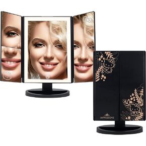 Impressions Makeup Vanity Hello Kitty, Trifold With LED Lights Tri-Tone Mirror with Touch Sensor and Three Adjustable Panels, Handheld Magnifying Mirror (Pink)