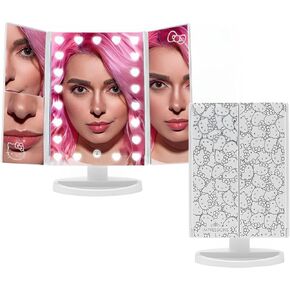 Impressions Makeup Vanity Hello Kitty, Trifold With LED Lights Tri-Tone Mirror with Touch Sensor and Three Adjustable Panels, Handheld Magnifying Mirror (Pink)