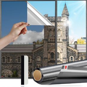 Window Privacy Film See Out Not in,23.6"*157.4" Daytime Privacy Window Film,UV Blocking Privacy Window Film with Free Window Tint Tools,No Glue Solar Blocking Window Film (Black Silver)