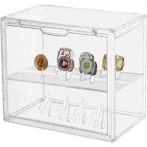 Acrylic Championship Ring Display Case with Coin Display Holder, Magnetic Display Case Blind Box Storage Figure Display Stand Case for Ring Collectibles Figures Desktop Decoration