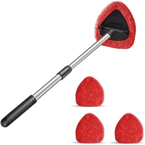 Windshield Cleaner, Car Window Cleaning Tool with Extendable Handle, 3 Washable Reusable Microfiber Cloth Pads, Auto Interior Exterior Glass Wiper Kit Supplies, Car Accessories (Blue)