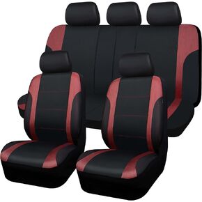 CAR-GRAND Universal Luxury Wood Grain Leather Universal Fit Full Set Car Seat Cover, Airbag Compatible,Fit for Suvs,Sedans,Vans,Trucks(Black with red)