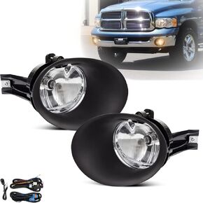 Fog Lights Assembly for 2002 2003 2004 2005 2006 2007 2008 Dodge Ram 1500/2500/3500 Replacement kit with Black Bezel Wiring & Switch 9006 12V 55W Halogen Bulb