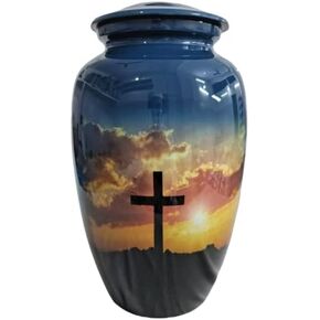 Cross Cremation Urn for Human Ashes Black Sky - Religious Hand Made Funeral Urn in Aluminum - Suitable for Christian Cemetery Burial or Niche - Large Size fits Remains of Adults up to 200 lbs