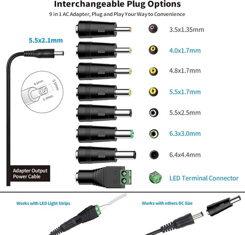Tonton 12V 1A 10ft AC/DC Long Power Supply Adapter Cord 12W Wall Charger AC 100V-240V to DC 12 Volt with 8 Tips for LED Strip Light, CCTV Camera, BT Speaker, GPS, Webcam, Router, UL/CE/FCC Certified in Saudi Arabia