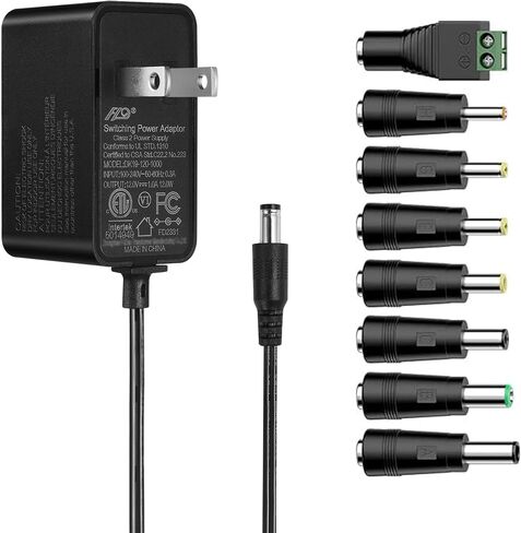 Tonton 12V 1A 10ft AC/DC Long Power Supply Adapter Cord 12W Wall Charger AC 100V-240V to DC 12 Volt with 8 Tips for LED Strip Light, CCTV Camera, BT Speaker, GPS, Webcam, Router, UL/CE/FCC Certified in Saudi Arabia