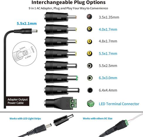 Tonton 12V 1A 10ft AC/DC Long Power Supply Adapter Cord 12W Wall Charger AC 100V-240V to DC 12 Volt with 8 Tips for LED Strip Light, CCTV Camera, BT Speaker, GPS, Webcam, Router, UL/CE/FCC Certified in Saudi Arabia