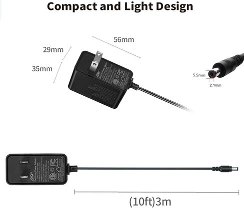 Tonton 12V 1A 10ft AC/DC Long Power Supply Adapter Cord 12W Wall Charger AC 100V-240V to DC 12 Volt with 8 Tips for LED Strip Light, CCTV Camera, BT Speaker, GPS, Webcam, Router, UL/CE/FCC Certified in Saudi Arabia