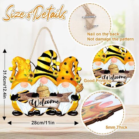 Whaline Bumble Bee Gnome Door Sign Spring Summer Welcome Wooden Sign Rustic Farmhouse Bee Hanging Sign for Front Door Holiday Home Coffee Shop Bakery Window Decoration Supplies in Saudi Arabia