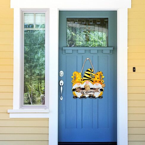 Whaline Bumble Bee Gnome Door Sign Spring Summer Welcome Wooden Sign Rustic Farmhouse Bee Hanging Sign for Front Door Holiday Home Coffee Shop Bakery Window Decoration Supplies in Saudi Arabia