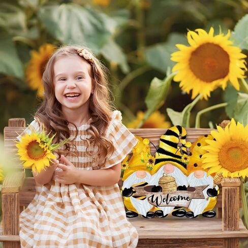 Whaline Bumble Bee Gnome Door Sign Spring Summer Welcome Wooden Sign Rustic Farmhouse Bee Hanging Sign for Front Door Holiday Home Coffee Shop Bakery Window Decoration Supplies in Saudi Arabia