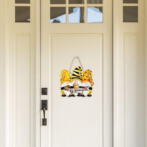 Whaline Bumble Bee Gnome Door Sign Spring Summer Welcome Wooden Sign Rustic Farmhouse Bee Hanging Sign for Front Door Holiday Home Coffee Shop Bakery Window Decoration Supplies in Saudi Arabia