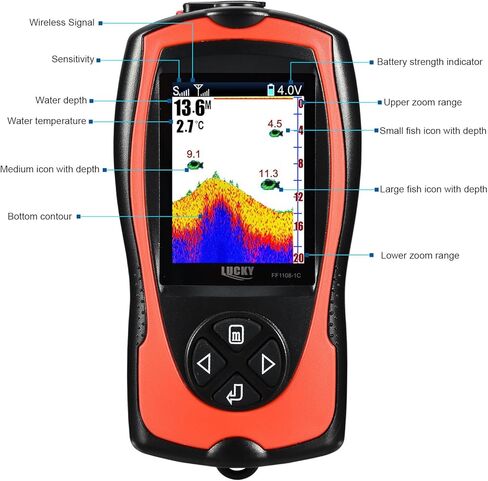 مكتشف الأسماك اللاسلكي LUCKY Kayak، مكتشف عمق الأسماك المحمول لصيد الأسماك في الجليد، صيد الأسماك البحرية، مكتشف عمق محمول قابل للشحن مع شاشة LCD ملونة، مكتشفات أسماك بنك مقاومة للماء، 1108-1C in Kuwait