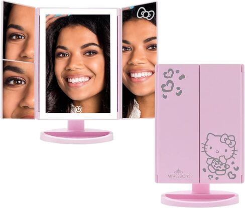 مرآة ثلاثية الألوان من Impressions Makeup Vanity Hello Kitty، قابلة للطي مع أضواء LED مع مستشعر يعمل باللمس وثلاث لوحات قابلة للتعديل، مرآة مكبرة محمولة (وردي) in Kuwait