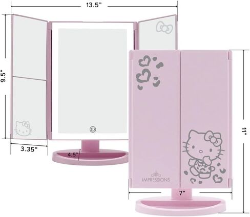 مرآة ثلاثية الألوان من Impressions Makeup Vanity Hello Kitty، قابلة للطي مع أضواء LED مع مستشعر يعمل باللمس وثلاث لوحات قابلة للتعديل، مرآة مكبرة محمولة (وردي) in Kuwait