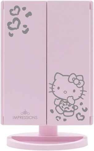 مرآة ثلاثية الألوان من Impressions Makeup Vanity Hello Kitty، قابلة للطي مع أضواء LED مع مستشعر يعمل باللمس وثلاث لوحات قابلة للتعديل، مرآة مكبرة محمولة (وردي) in Kuwait