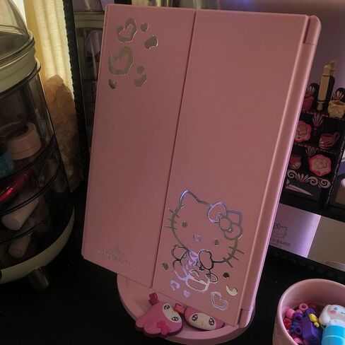 مرآة ثلاثية الألوان من Impressions Makeup Vanity Hello Kitty، قابلة للطي مع أضواء LED مع مستشعر يعمل باللمس وثلاث لوحات قابلة للتعديل، مرآة مكبرة محمولة (وردي) in Kuwait