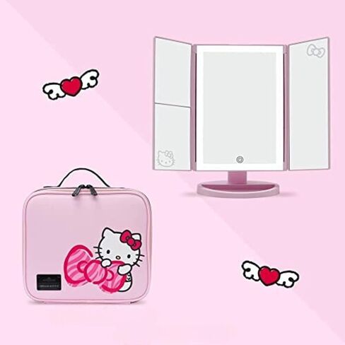 مرآة ثلاثية الألوان من Impressions Makeup Vanity Hello Kitty، قابلة للطي مع أضواء LED مع مستشعر يعمل باللمس وثلاث لوحات قابلة للتعديل، مرآة مكبرة محمولة (وردي) in Kuwait