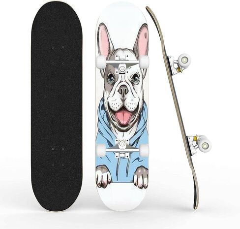 Skateboards for Beginners Teens Adults French Bulldog Happy Dog Sketch Image Printing on Any Surface 31 X 8 Complete Standard Skate Board, Outdoor Sports Maple Double Kick Concave Skateboard in Saudi Arabia