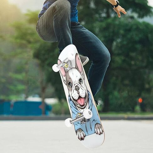 Skateboards for Beginners Teens Adults French Bulldog Happy Dog Sketch Image Printing on Any Surface 31 X 8 Complete Standard Skate Board, Outdoor Sports Maple Double Kick Concave Skateboard in Saudi Arabia
