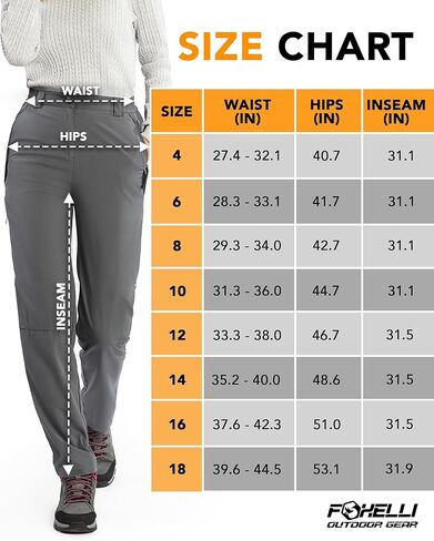 بنطال Foxelli للسيدات للمشي لمسافات طويلة - بنطال كارجو خفيف الوزن وسريع الجفاف قابل للتحويل للنساء مع جيوب بسحاب، مقاوم للماء in Kuwait