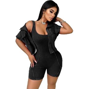 Voghtic 2 Piece Sets for Women Distressed Tank Rompers Crop Jacket Matching Sets