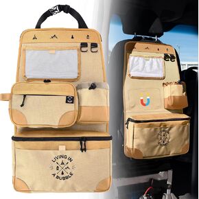 Living in a Bubble Premium Seat Back Organizer Storage for Campervans and Cars with Magnetic Grab and Go Toiletry Bag and Multifunctional Pockets - Beige
