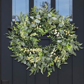 22" Eucalyptus Wreath with Berries and Olive Leaves, Artificial Green Wreath for All Season, Spring Summer Fall Winter Front Door Porch Home Wall Wedding Farmhouse Holiday Outdoor Indoor Décor