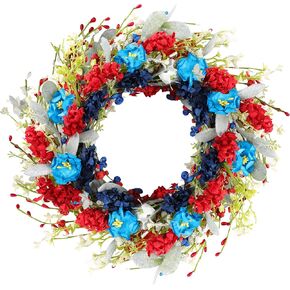20 Inch Patriotic Red White Blue Flowers Wreath for Front Door Door,Forth of July Lamb Ears Leaves Wreath for Memorial Day Independence Day Veterans Day Door Window Wall Decor