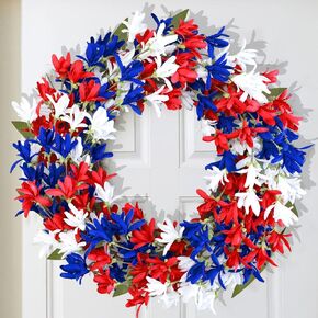 4th of July Wreath Patriotic Wreaths for Front Door, 20 inch Red White Blue Forsythia Flower Artificial Floral Wreath for Memorial Day Independence Day Veterans Day Front Door Wall Window Decor