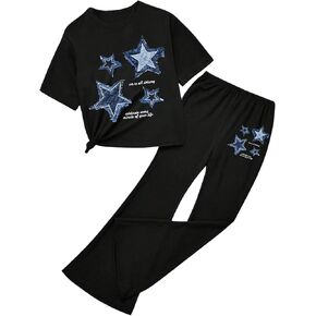 SweatyRocks Girl's 2 Piece Outfits Y2k Star Graphic Short Sleeve T Shirt and Flare Pants Set in Saudi Arabia